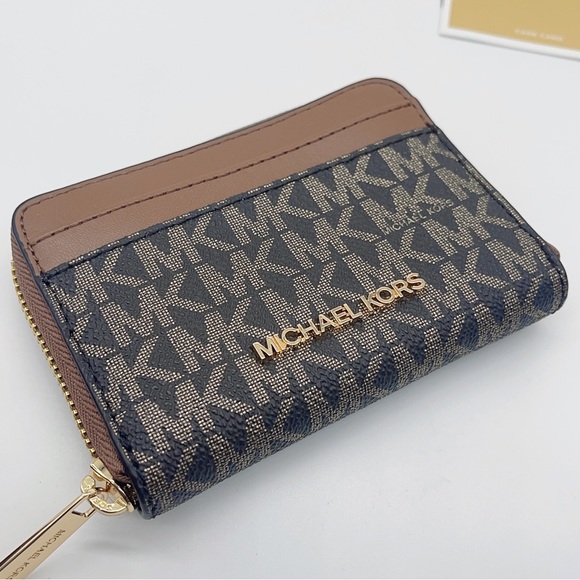 Michael Kors Jet Set Travel MD ZA Card Case Wallet Brown gold MK Signature $188 - Picture 2 of 5